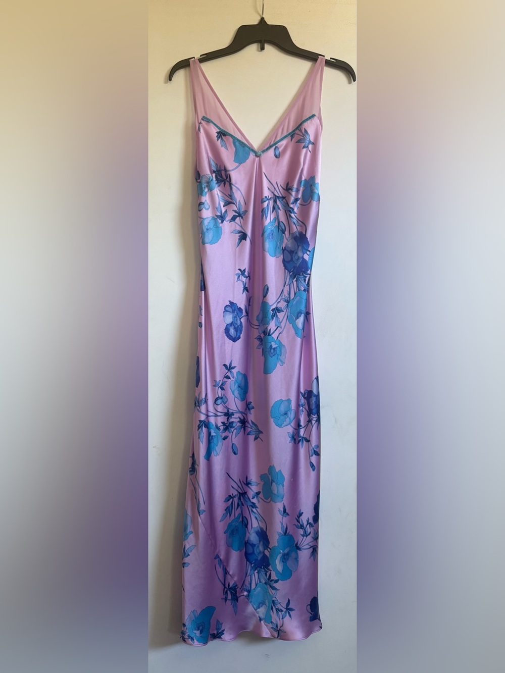 NEW August Silk Intimates Pink/Lilac with Blue Floral Print Full Length Size S